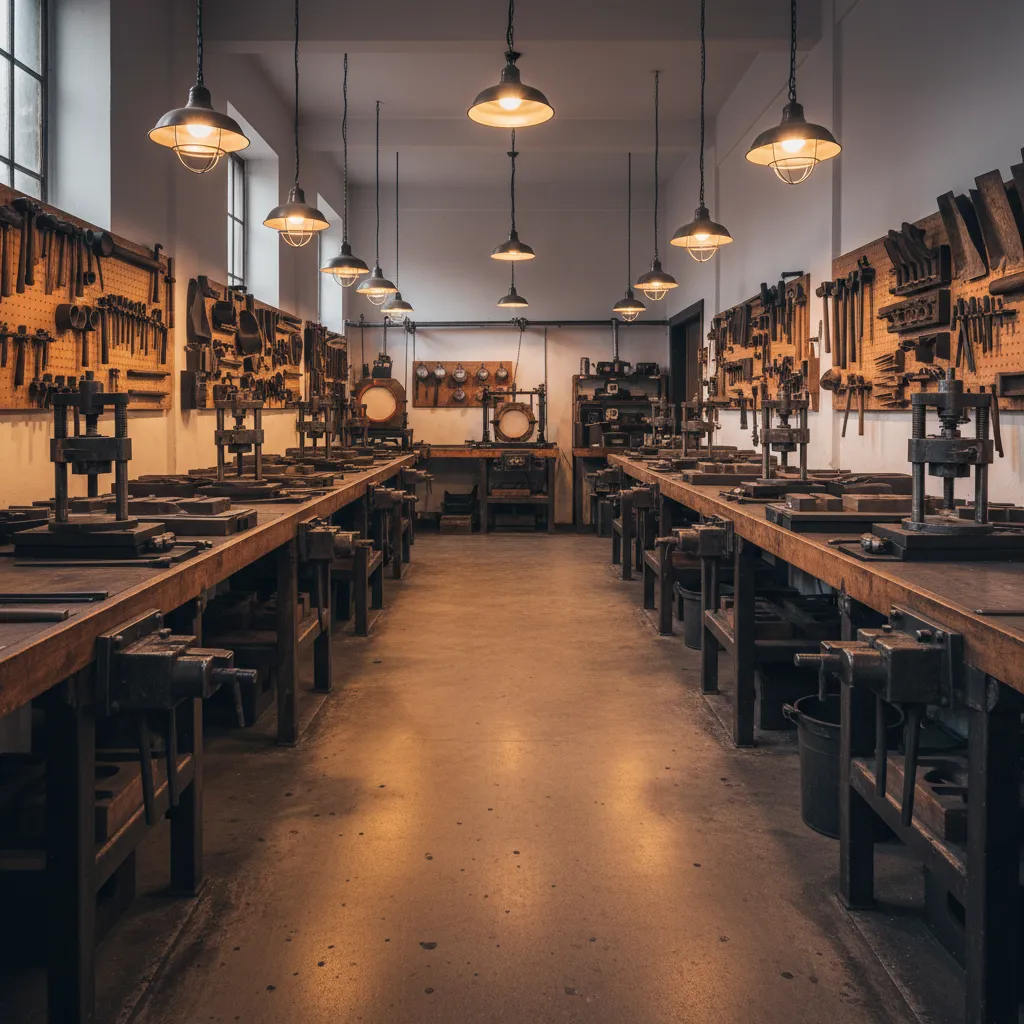 Traditional casting workshop layout with linear workstations