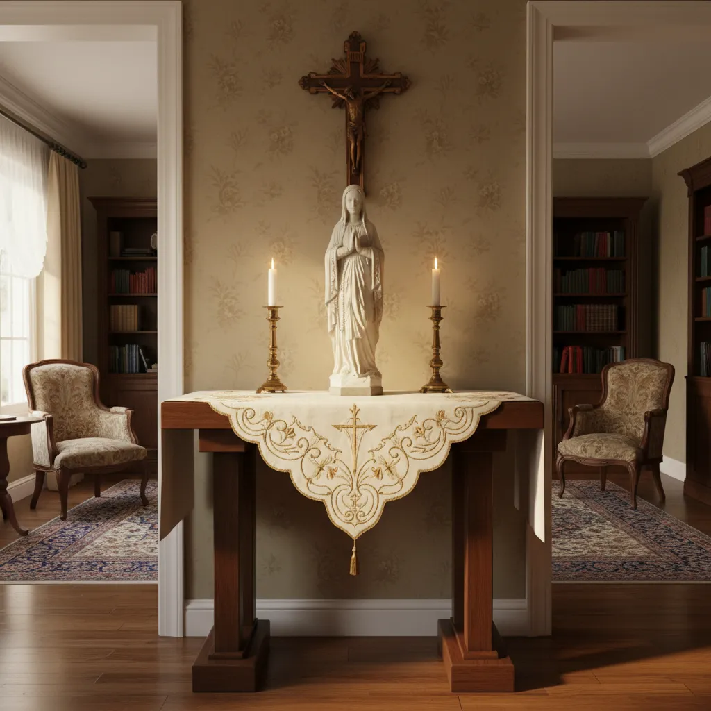 Traditional Catholic altar with statue candles and embroidered cloth in living room