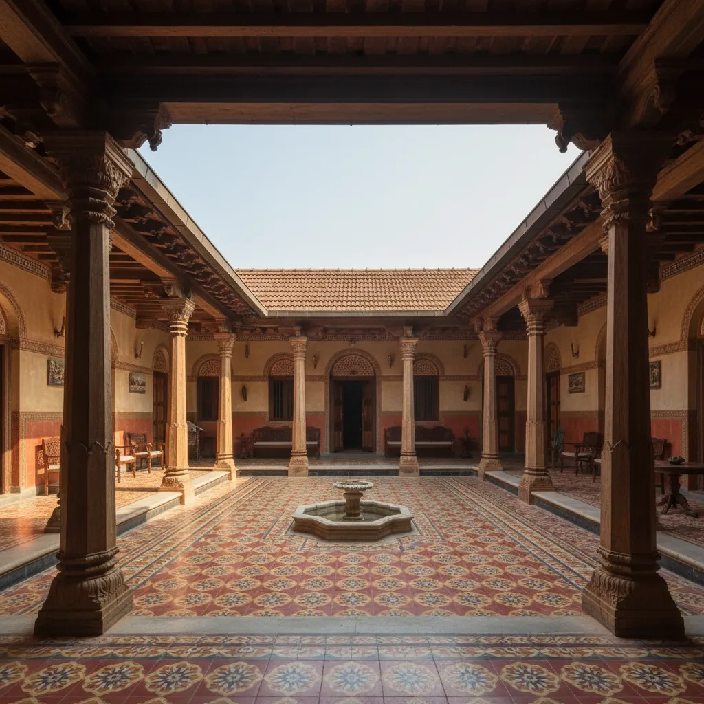 Traditional Chettinad house interior with central courtyard and surrounding corridors
