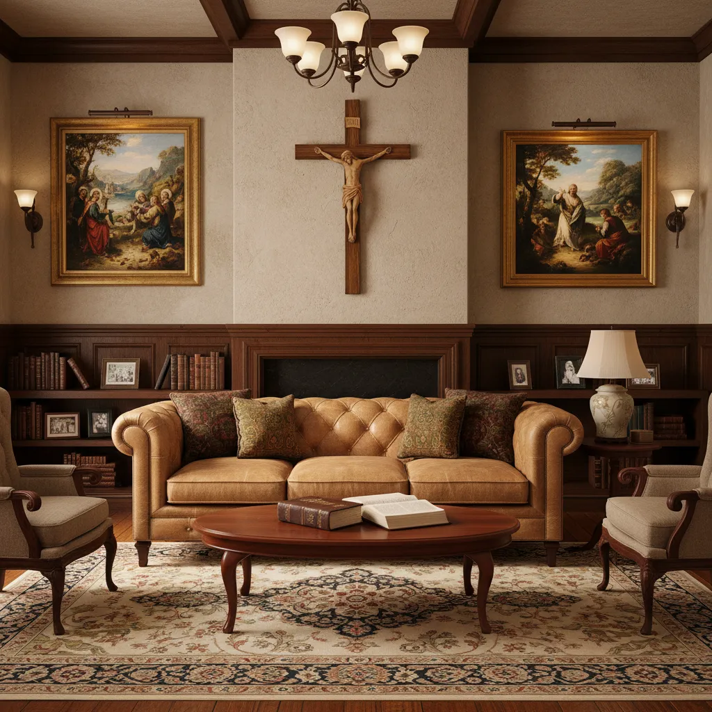traditional Christian living room with wall cross and biblical artwork