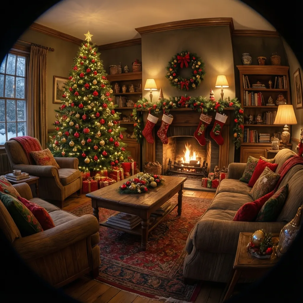 Warm traditional Christmas living room with decorated tree and fireplace garland