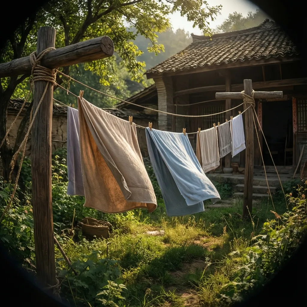 Traditional outdoor clothesline with two posts and long lines across yard