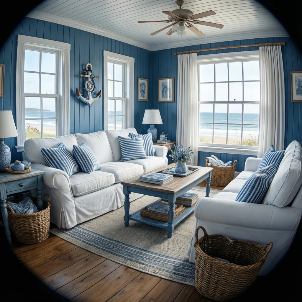 Traditional coastal living room with blue white palette beadboard paneling and classic furniture