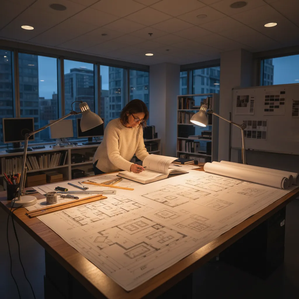 Designer working with printed blueprints and sketches for commercial interior design