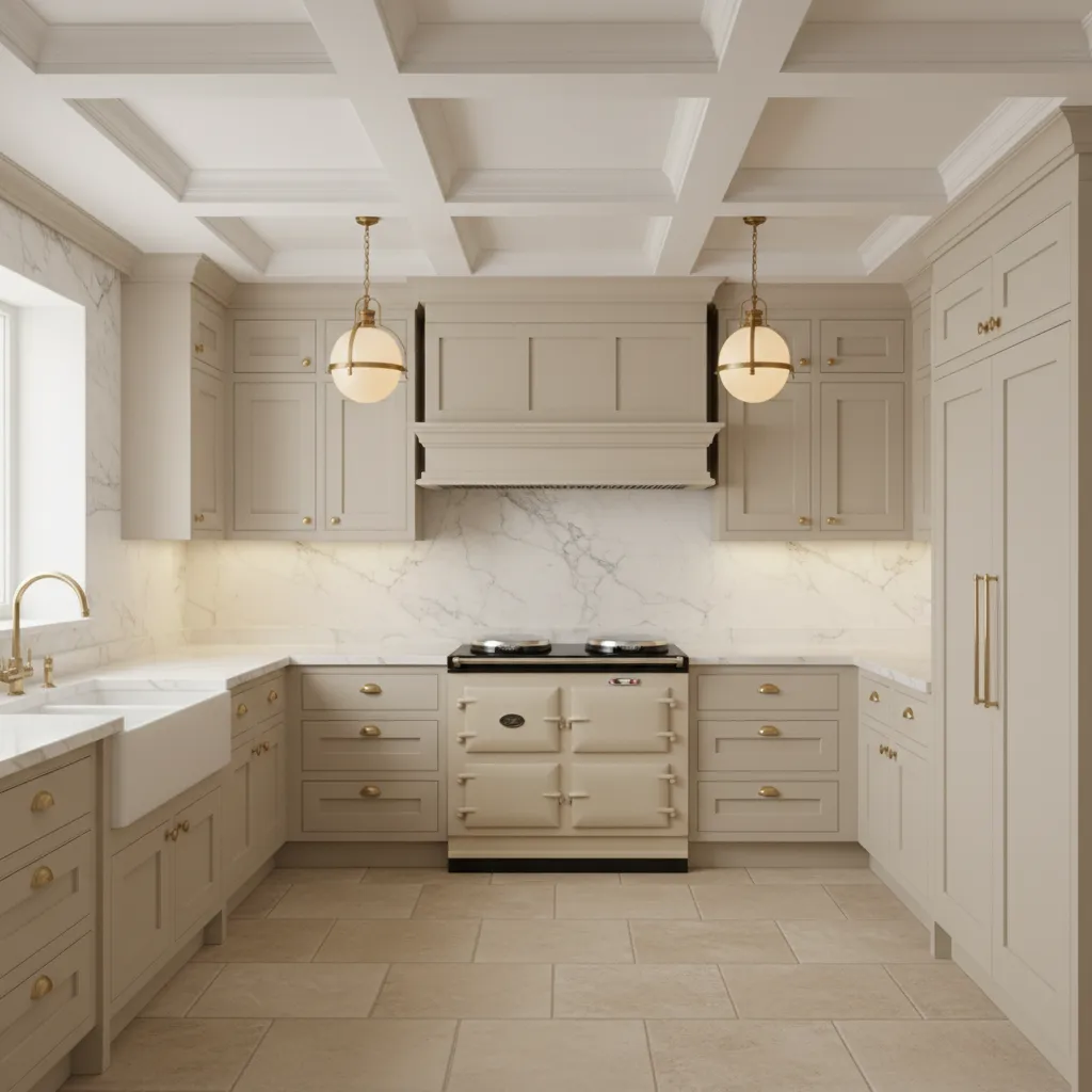 Symmetrical traditional kitchen layout centered around a cream AGA cooker
