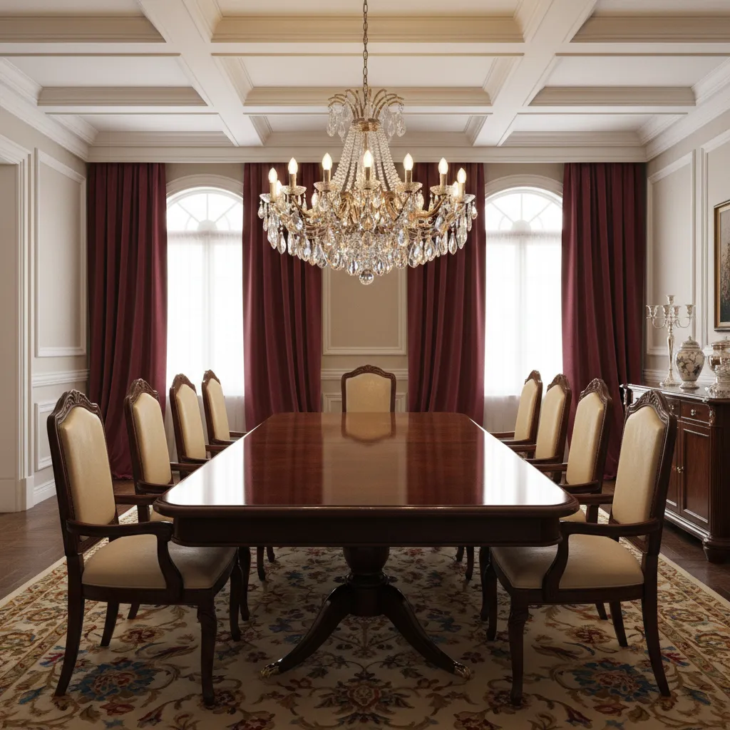 Crystal chandelier above dark wood dining table in classic dining room
