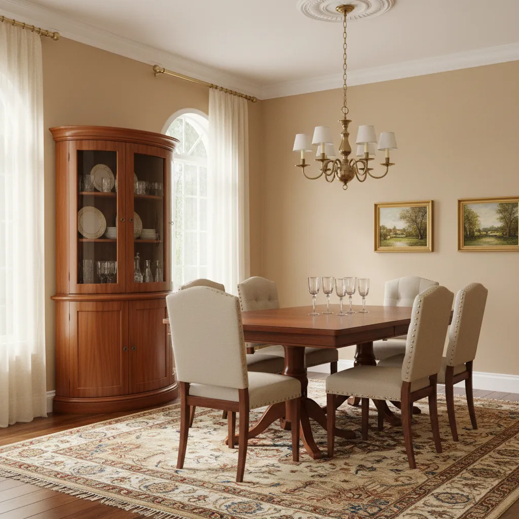 Traditional wooden dining room corner cabinet with glass display shelves