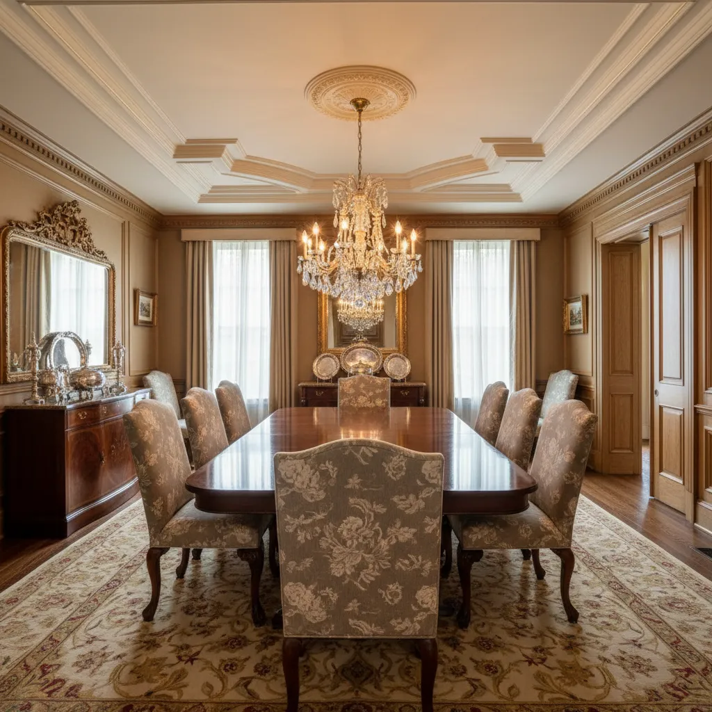 Traditional dining room with detailed crown molding and classic furniture