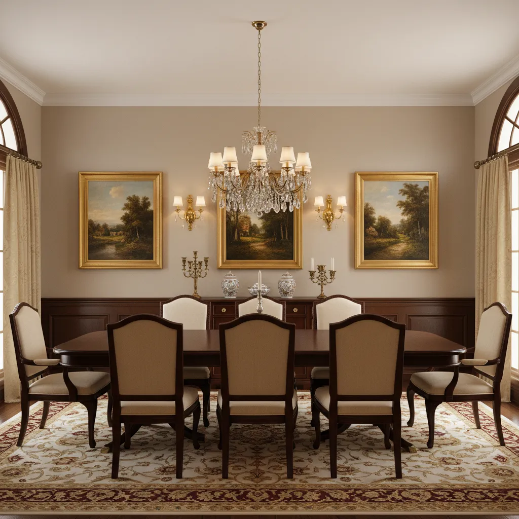 Traditional dining room with wall art and sconces complementing dark wood table
