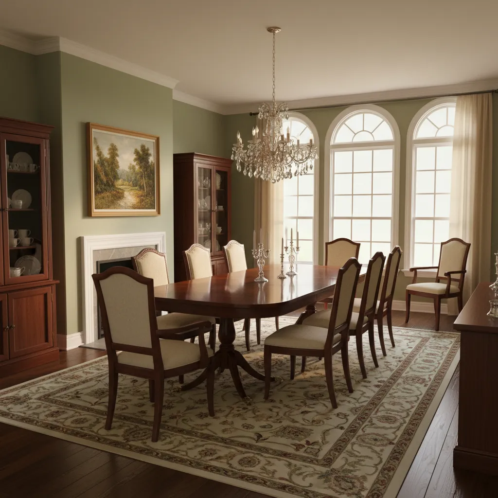 Traditional dining room with sage green walls and a mahogany dining table