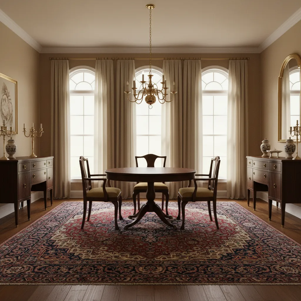 Traditional dining room with Duncan Phyfe table placed on a large Persian rug