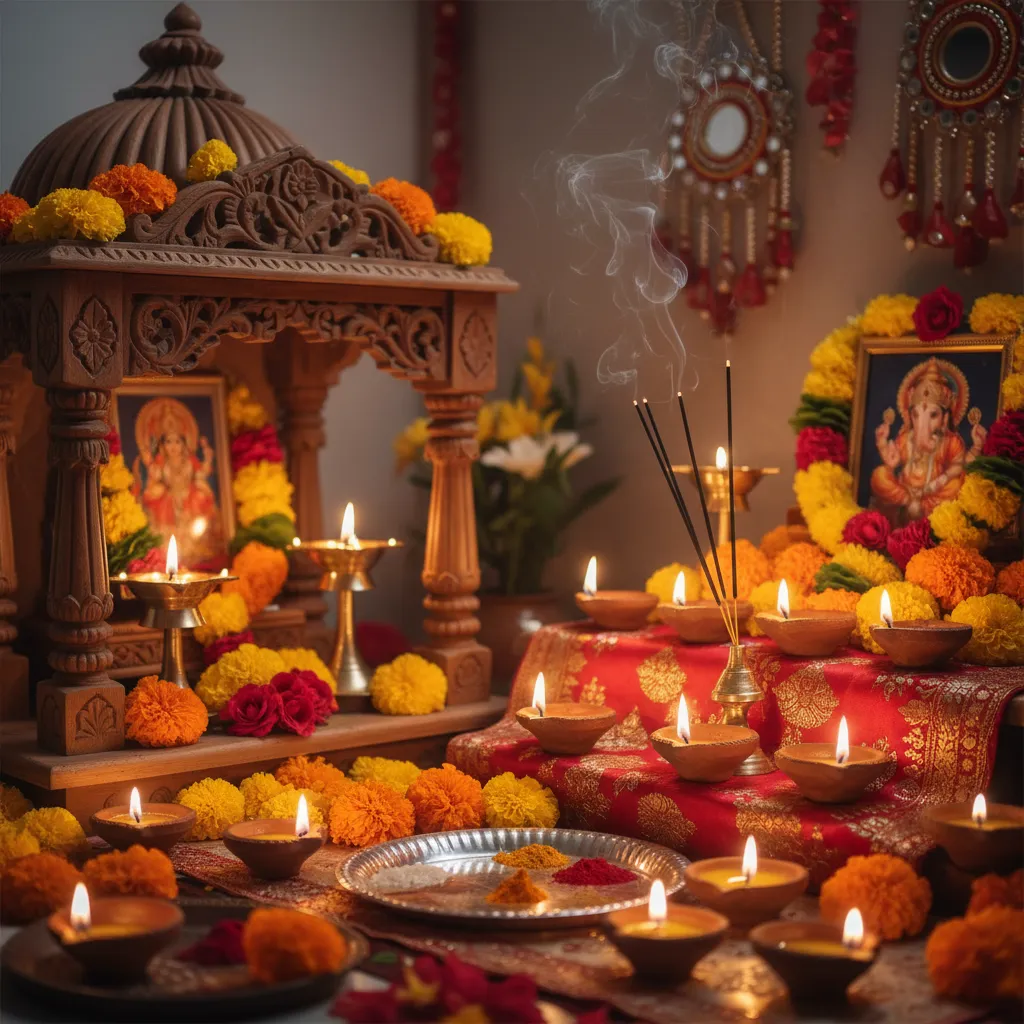Traditional Diwali pooja setup with brass lamps marigold flowers and clay diyas
