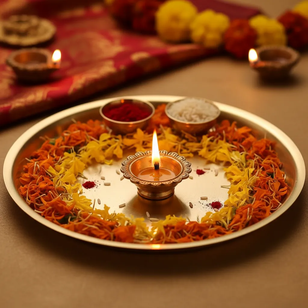 traditional Diwali pooja thali with diya kumkum and marigold flowers