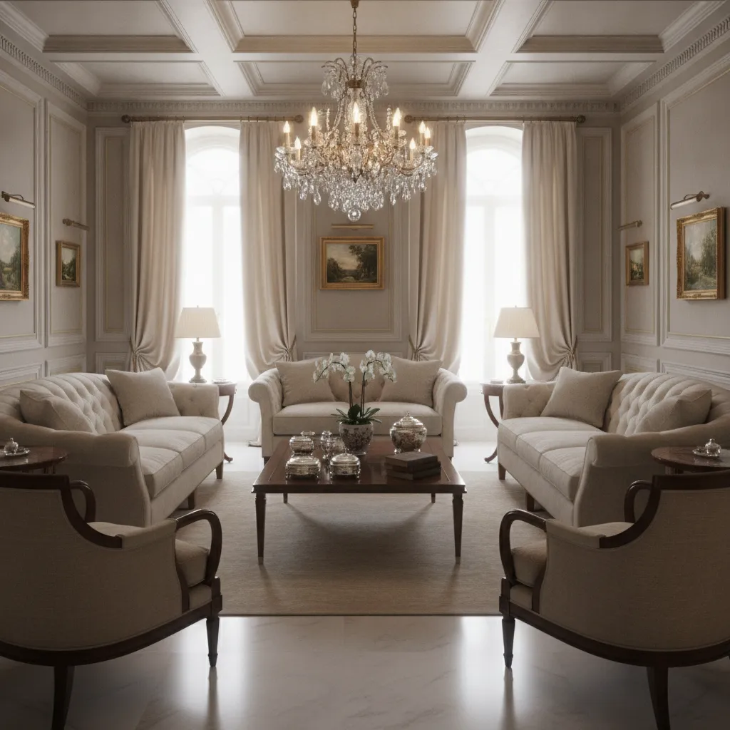 Elegant traditional drawing room with symmetrical seating and chandelier