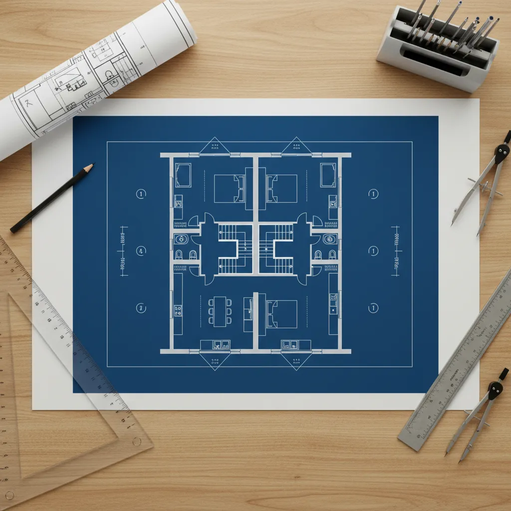 architectural drawing of traditional duplex floor plan layout