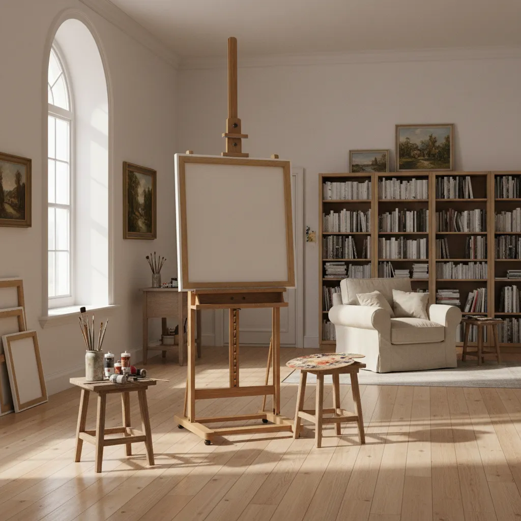 traditional wooden floor easel holding large canvas in art studio