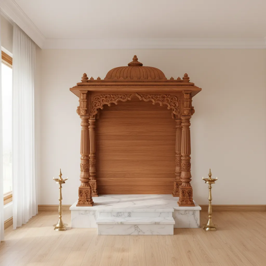 Large traditional floor standing wooden pooja mandir in a dedicated prayer room