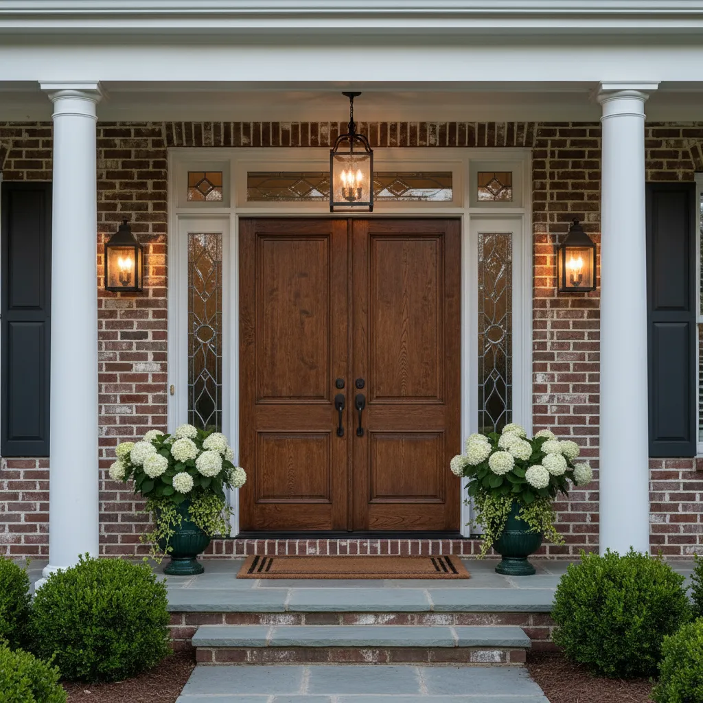 Classic traditional house entrance with wooden paneled front door and sidelights