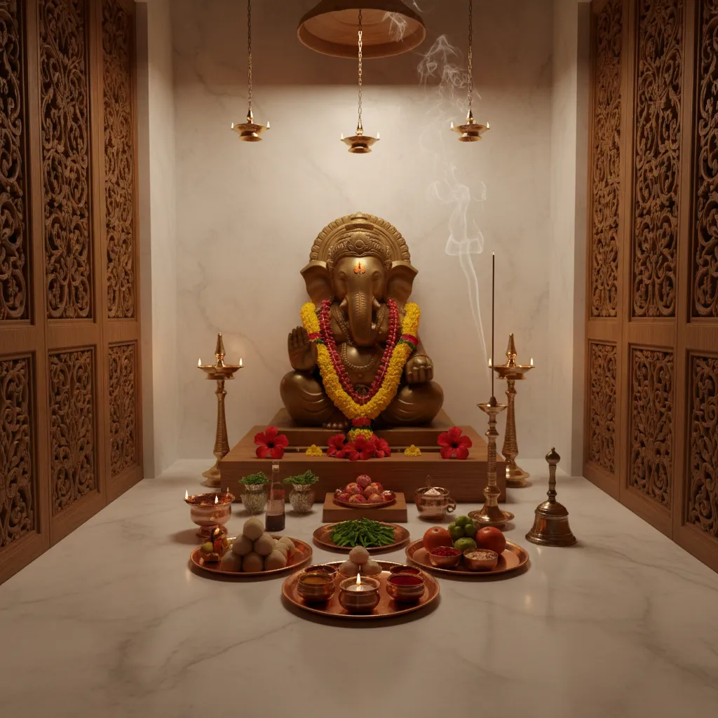Traditional Ganesh pooja altar with ritual items and brass lamps