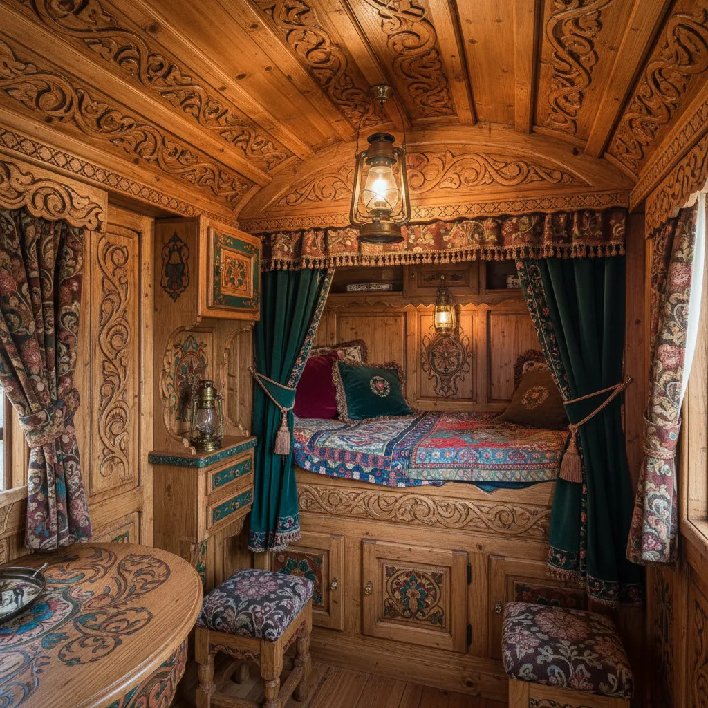Historic gypsy caravan interior with carved wood panels and decorative textiles