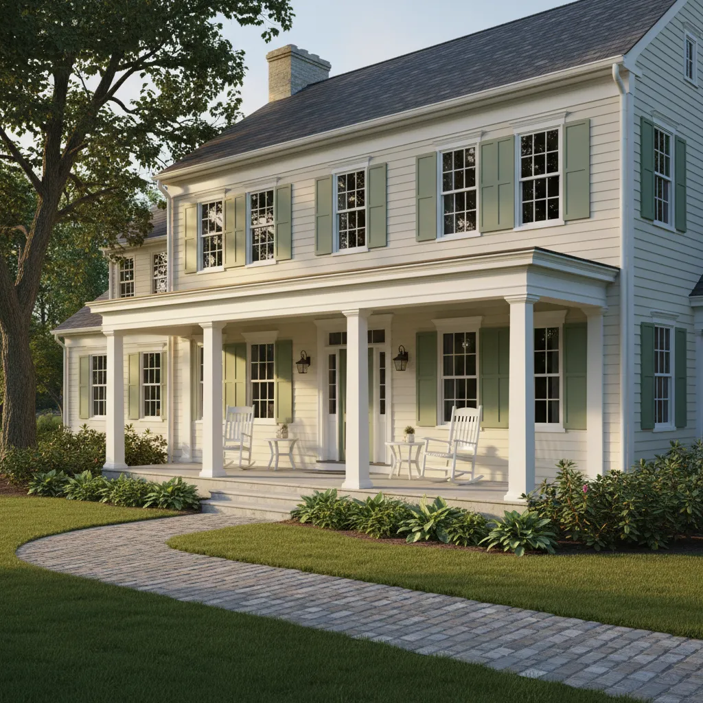 Traditional home exterior with cream walls sage green shutters and classic trim