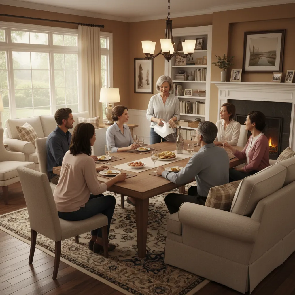 traditional home party product demonstration with guests around table