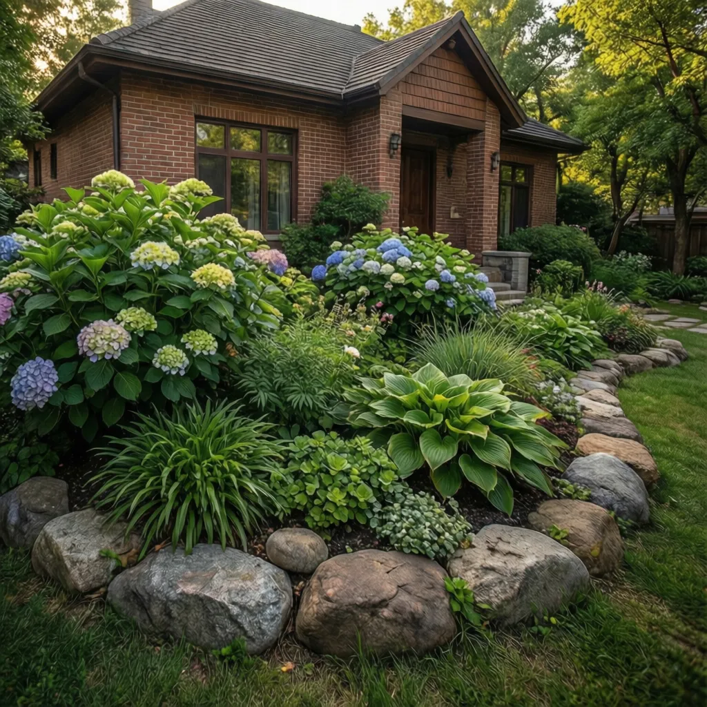 Traditional brick house front garden with blooming hydrangeas and large decorative rocks on green grass