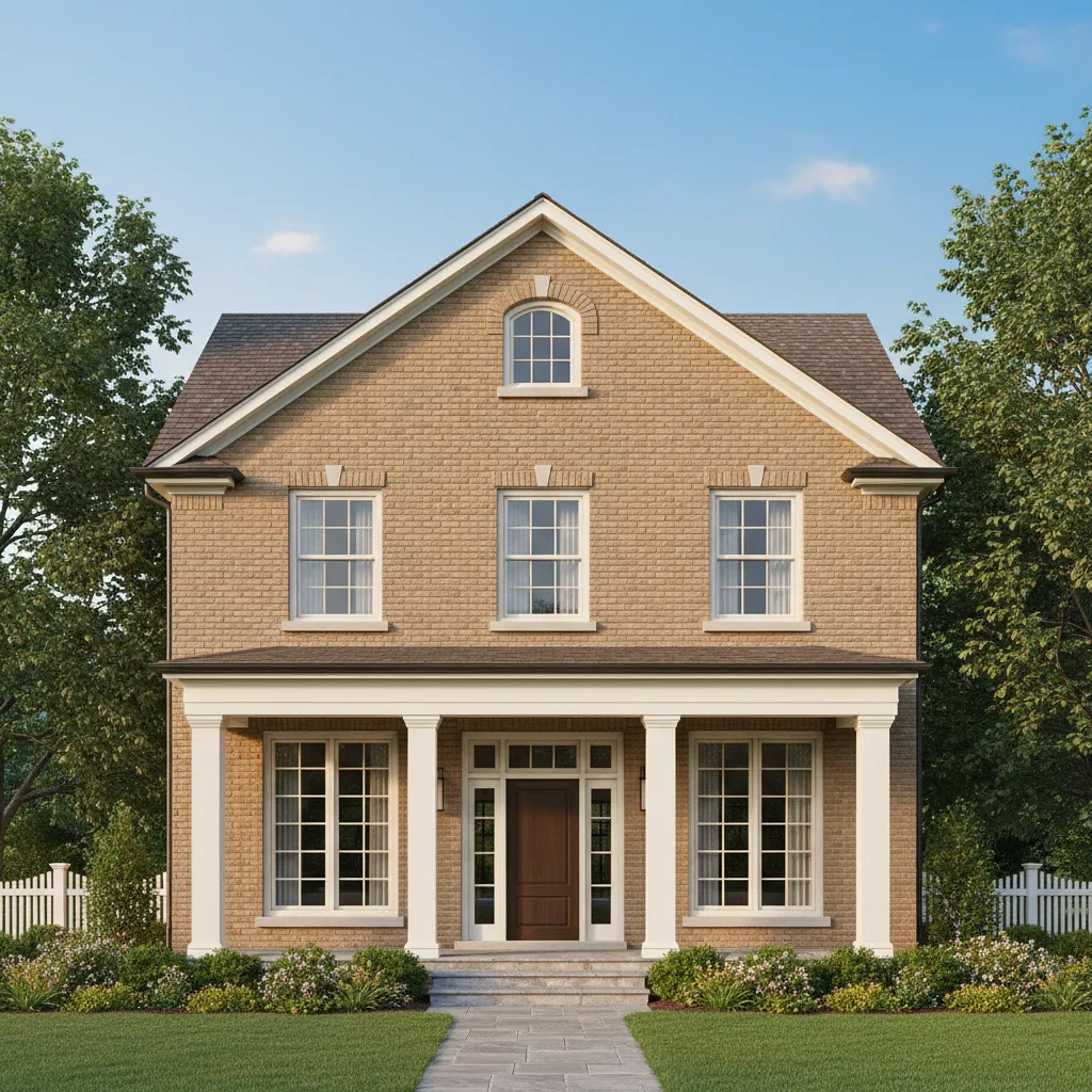 traditional house elevation with gable roof brick facade and porch