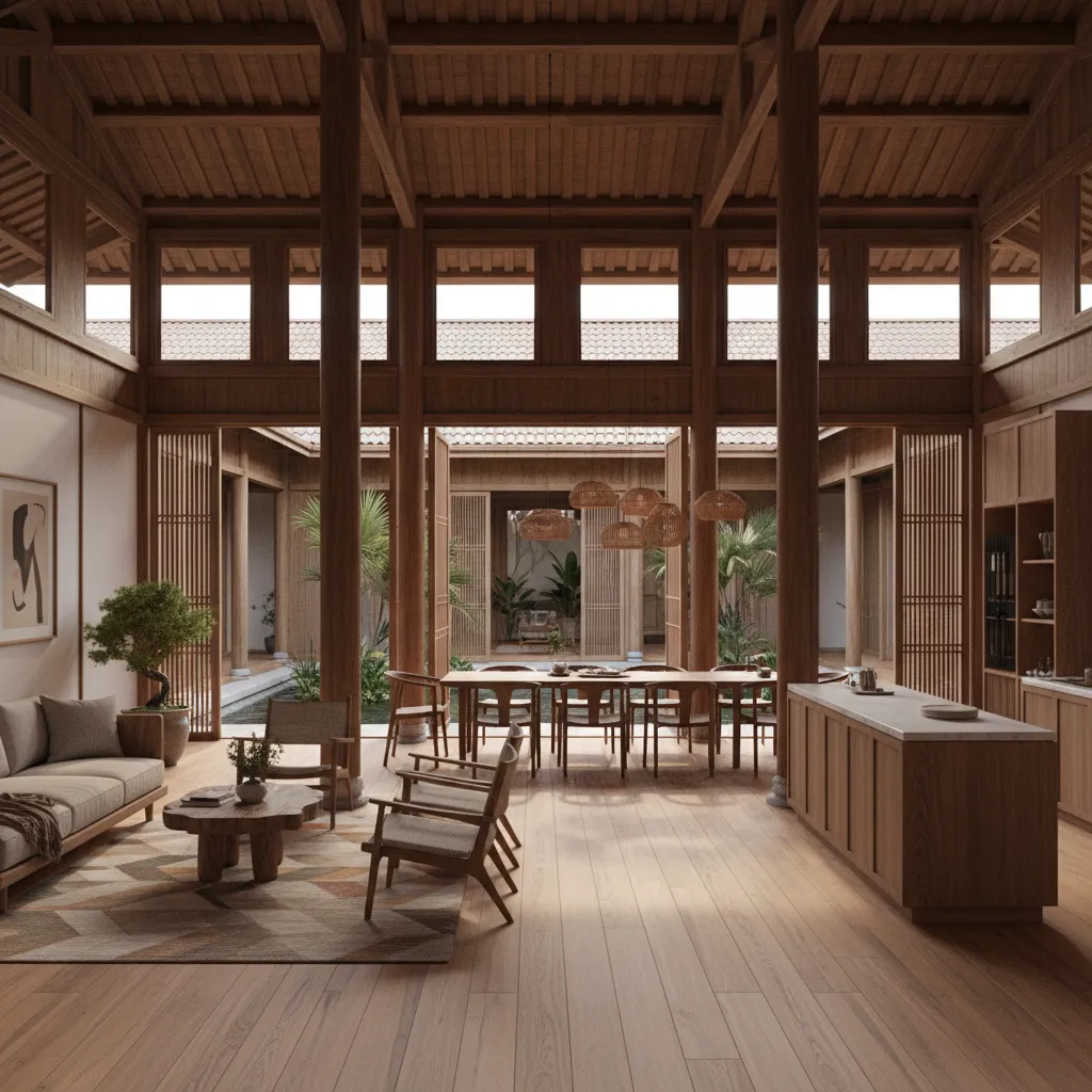 Modern living room and dining area with wooden furniture and a view of the courtyard