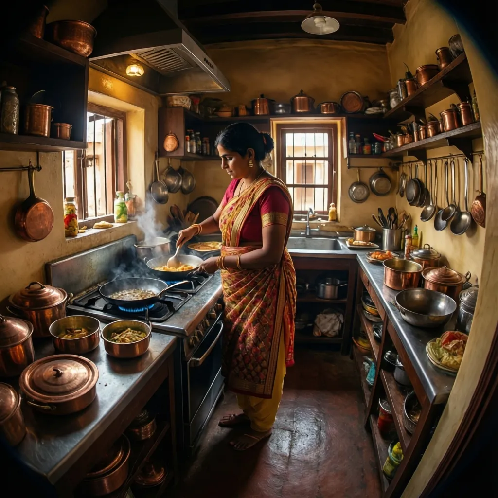 Traditional Indian housewife cooking in a classic Marathi household kitchen