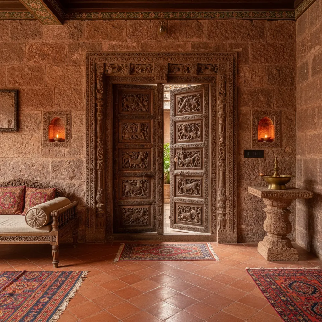 Interior con madera tallada, piedra y colores cálidos en estilo indio