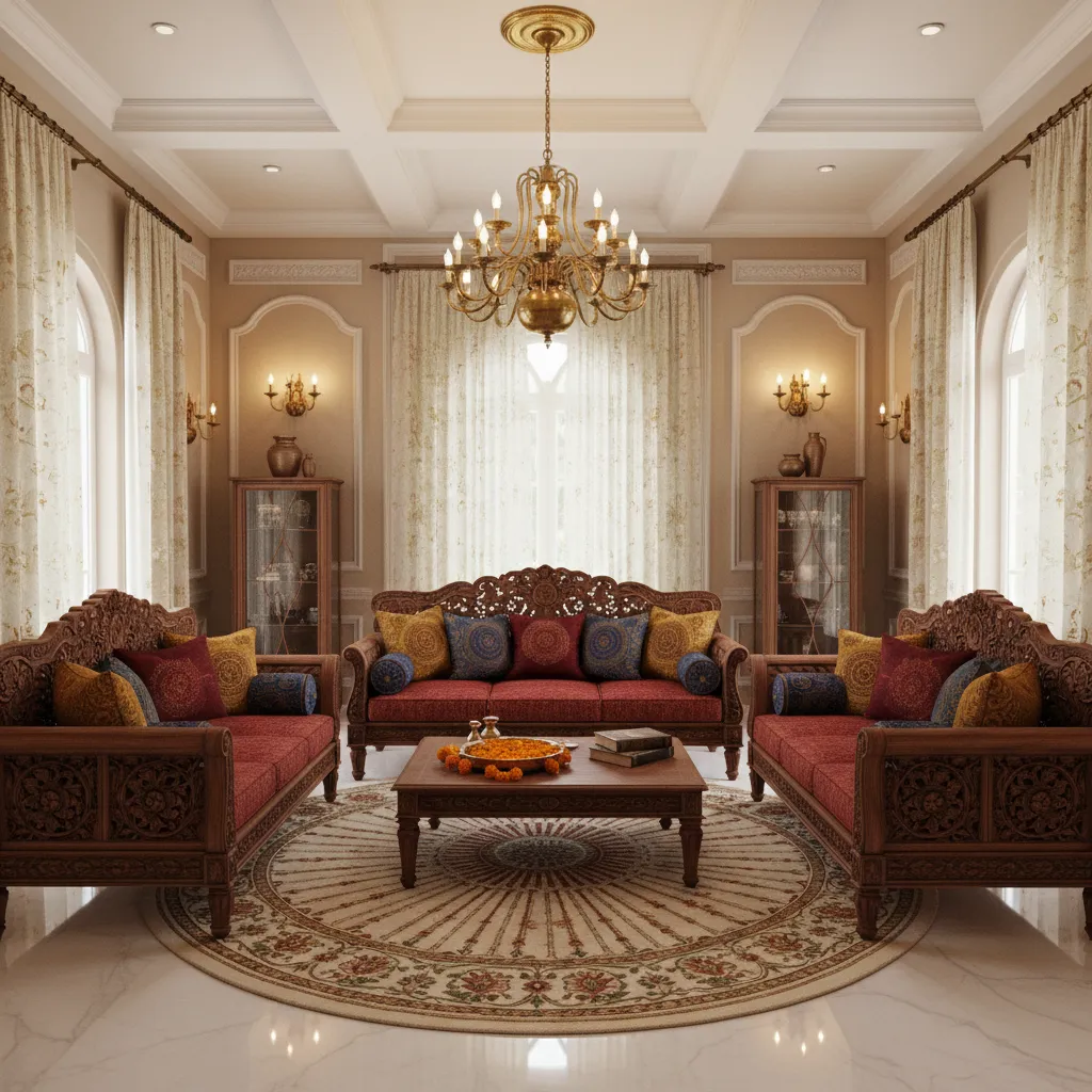 Traditional Indian carved wooden sofa set in a warm living room