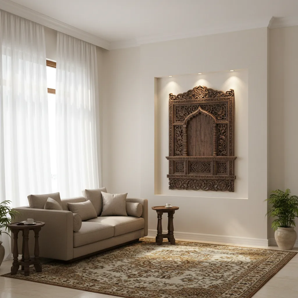 Living room wall with traditional carved wooden jharokha niche