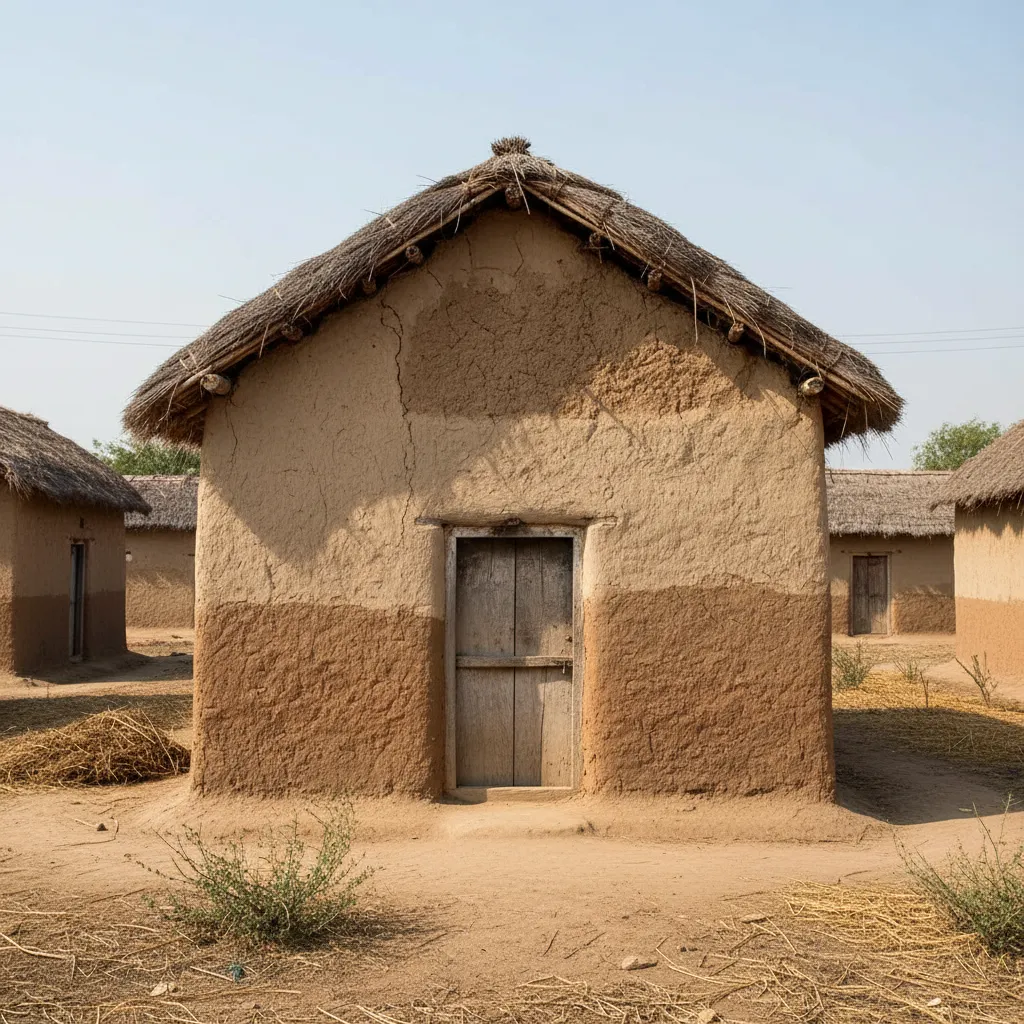 Traditional kacha mud house in rural landscape