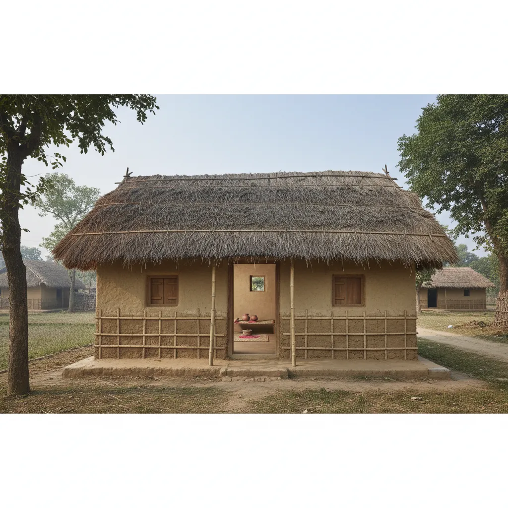 Traditional kacha house built with mud walls bamboo frame and thatched roof