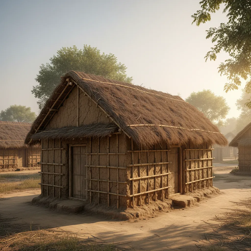Traditional kacha house made from mud walls and thatched roof in rural area