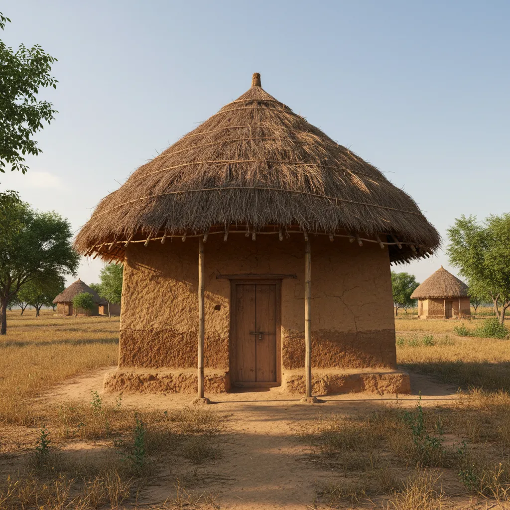 Traditional mud kacha house with thatched roof in a rural village