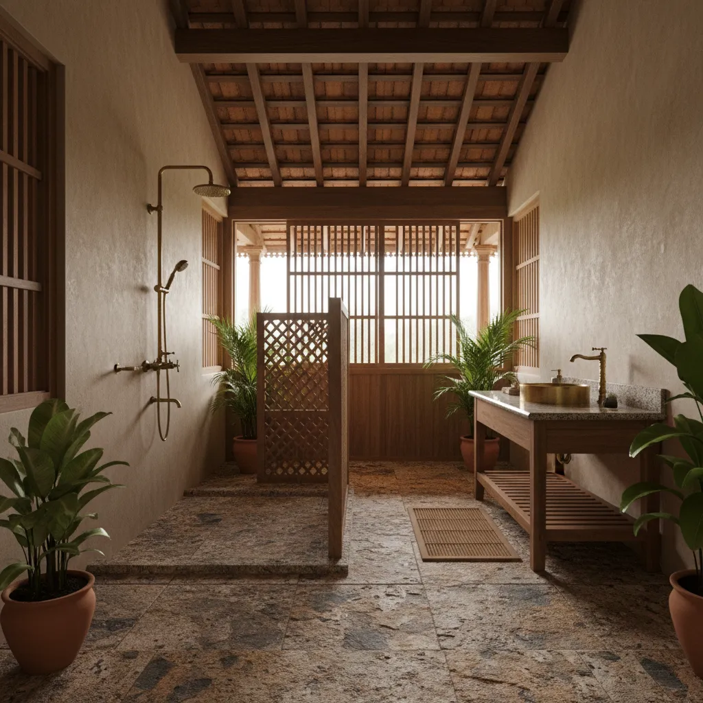 Traditional Kerala bathroom with stone finishes and brass fixtures