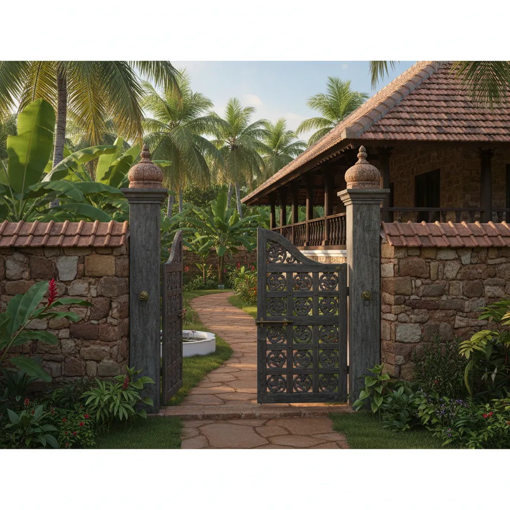Traditional Kerala wooden gate with laterite compound wall and decorative pillars