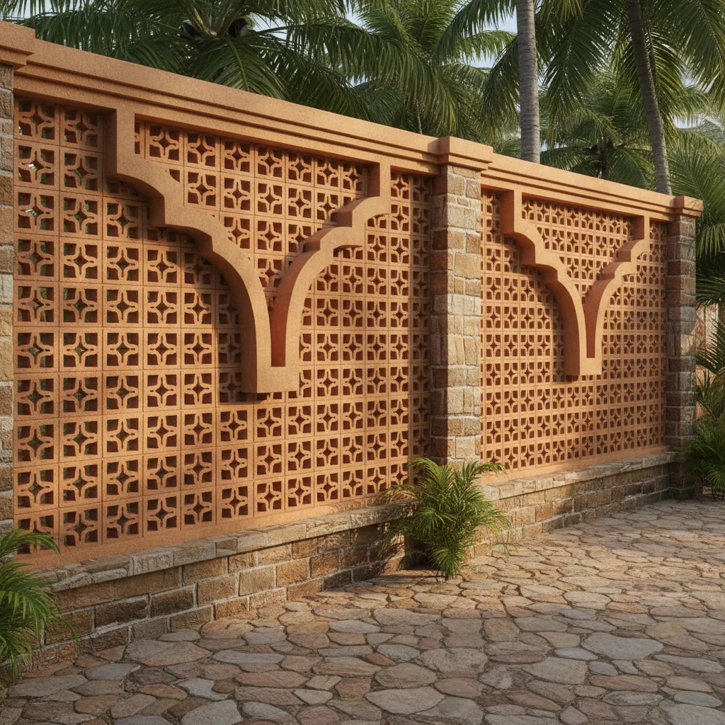Traditional Kerala compound wall with terracotta lattice ventilation pattern