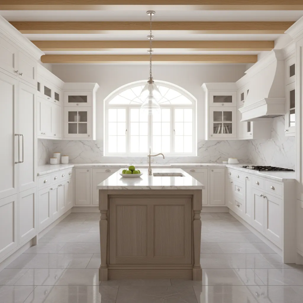 Traditional kitchen layout featuring central island and pendant lights
