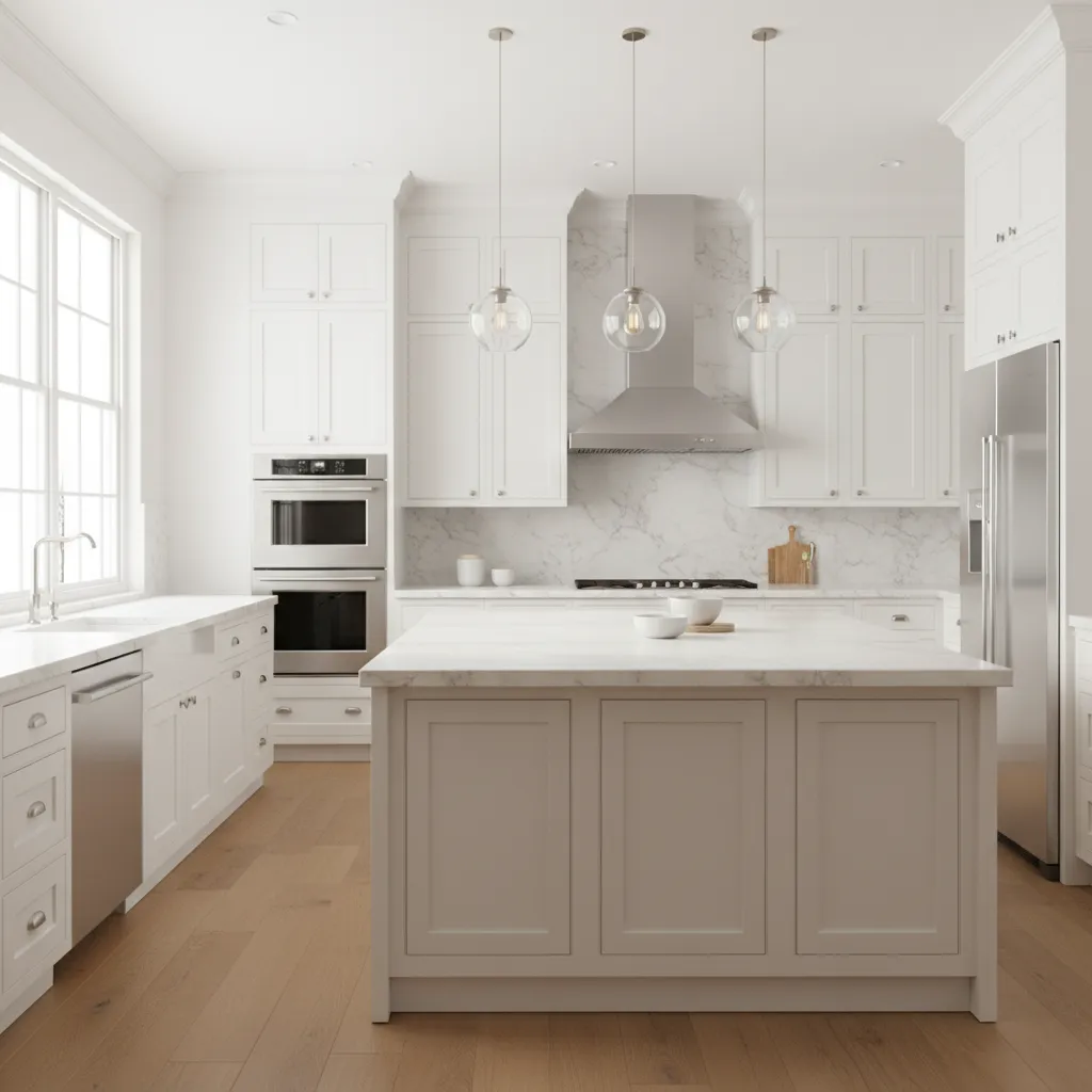 Traditional kitchen with marble counters and modern appliances