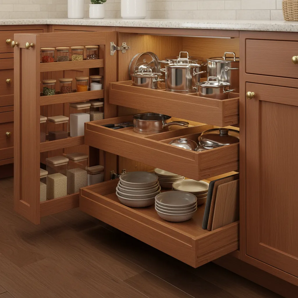 Traditional kitchen cabinets with pull out storage drawers