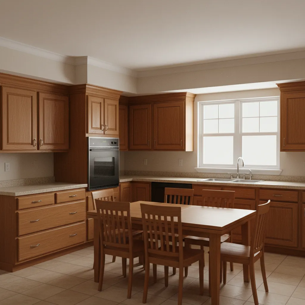Traditional kitchen with ceiling bulkhead above cabinets