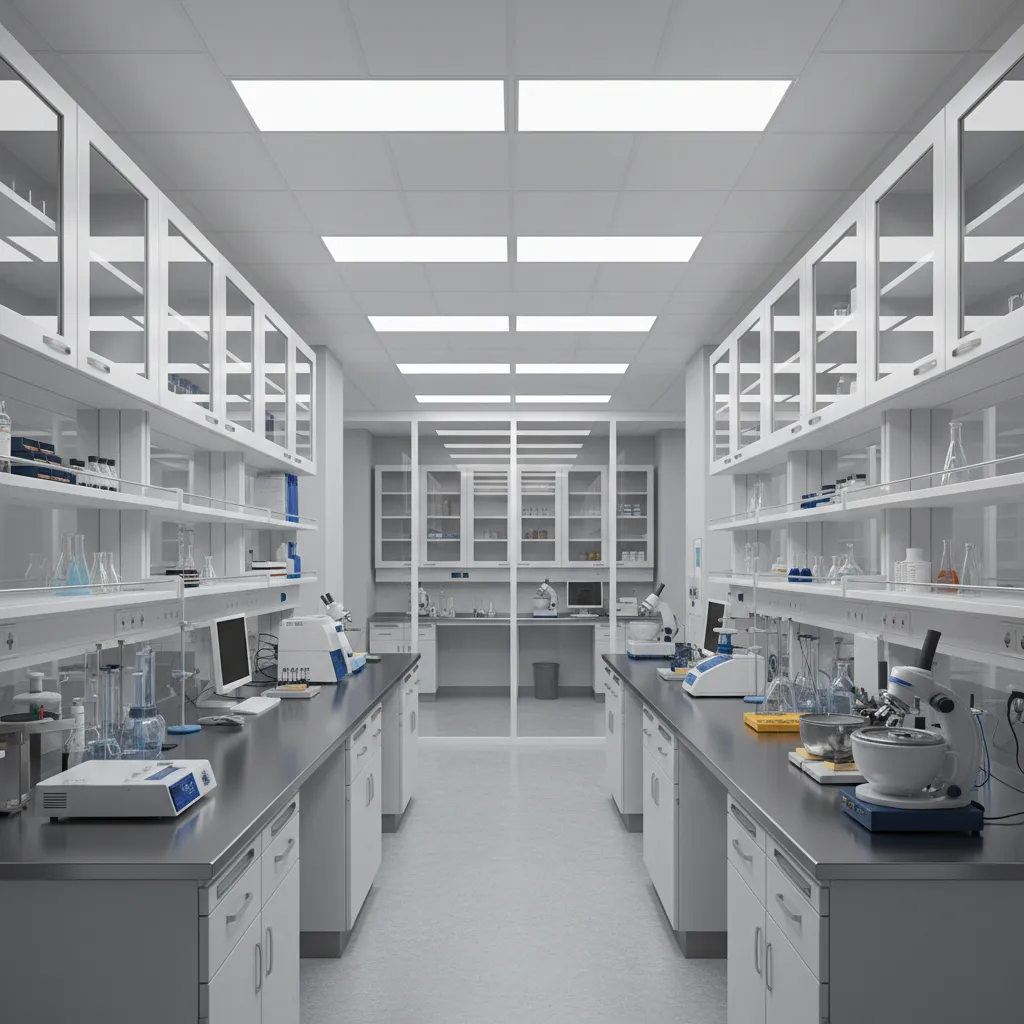 Traditional laboratory layout with fixed bench rows and enclosed research rooms
