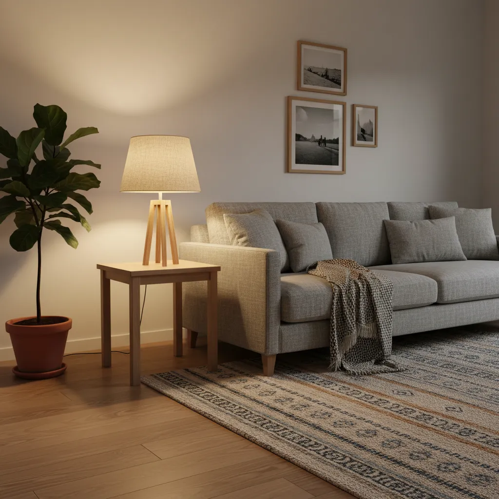 traditional table lamp with fabric lampshade diffusing warm light in living room