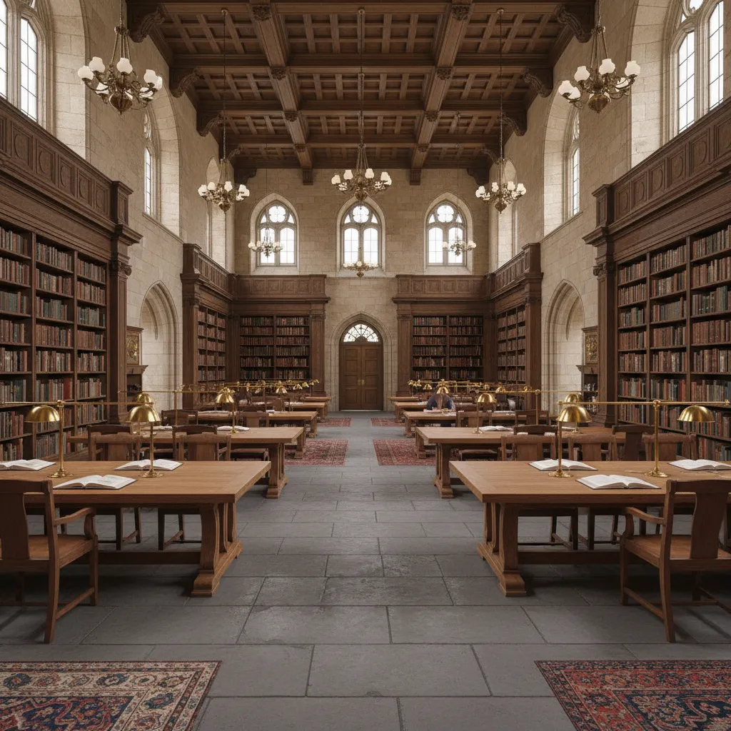 traditional academic library reading room with wood shelves and long tables
