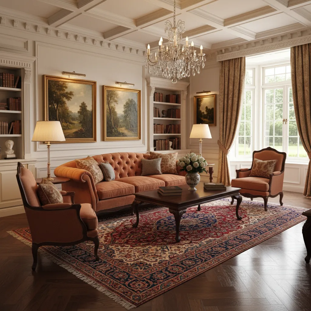 Traditional living room with tall decorative baseboards and classic furniture