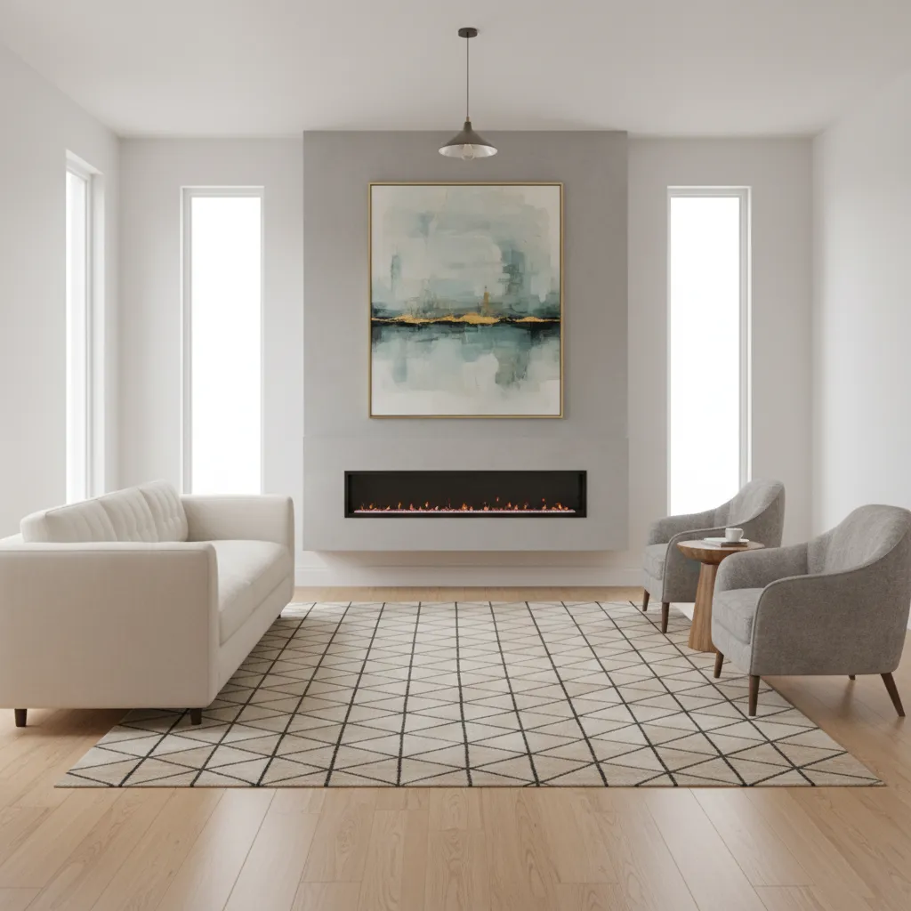 Traditional living room furniture aligned parallel to walls with sofa facing TV