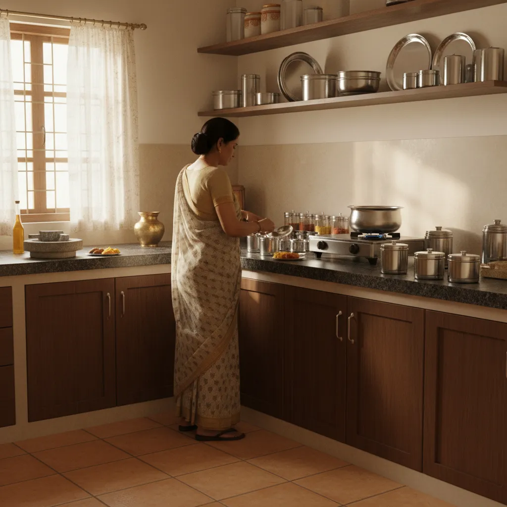 Traditional Marathi kitchen with homemaker preparing food